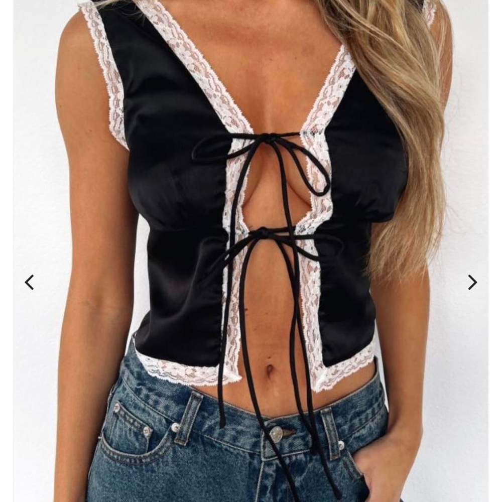 White Fox Boutique Satin Black Crop Top with White Lace